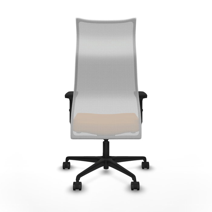 Sillón Albacete con mecanismo Sincro tapizada con Similpiel color Naranja y malla color Blanco. Equipado con Base nailon negra, Brazos 2D y Ruedas 65mm nailon