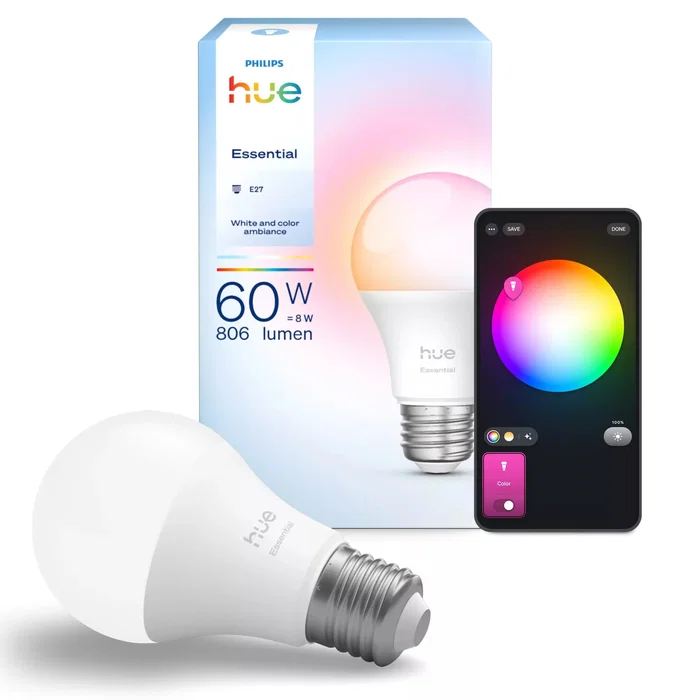 Philips Hue White and Color Ambiance Bombilla Inteligente LED Bluetooth/Zigbee E27, 8W (equiv. 60W), Luz Blanca Cálida/Fría y 16M Colores, 8720169392182