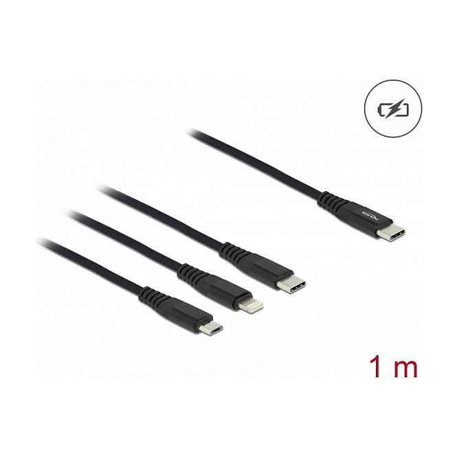 DeLOCK Cable de Carga USB 3 en 1 (USB-C, Lightning, Micro-USB) 1 m - Negro - Cable de Carga Múltiple para iPhone y Dispositivos Android