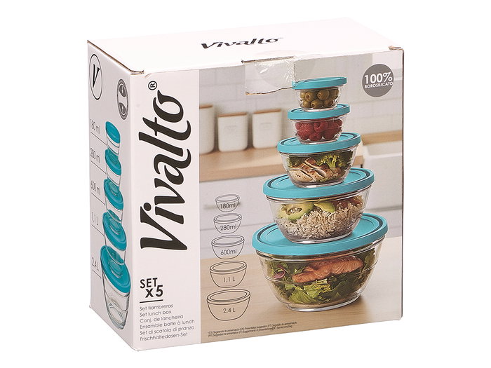 Vivalto Set 5 Fiambreras Redondas Azul Cristal 22x22x12cm Capacidades 2.4L, 1.1L, 600ML, 280ML, 180ML (Set de 6)