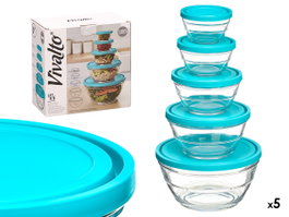 Vivalto Set 5 Fiambreras Redondas Azul Cristal 22x22x12cm Capacidades 2.4L, 1.1L, 600ML, 280ML, 180ML (Set de 6)