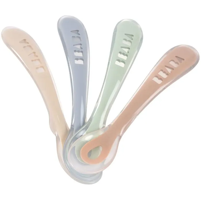 Beaba Juego de 4 cucharas de silicona para segunda edad, gris terciopelo/verde salvia Beaba Juego de 4 cucharas de silicona para segunda edad, gris terciopelo/verde salvia