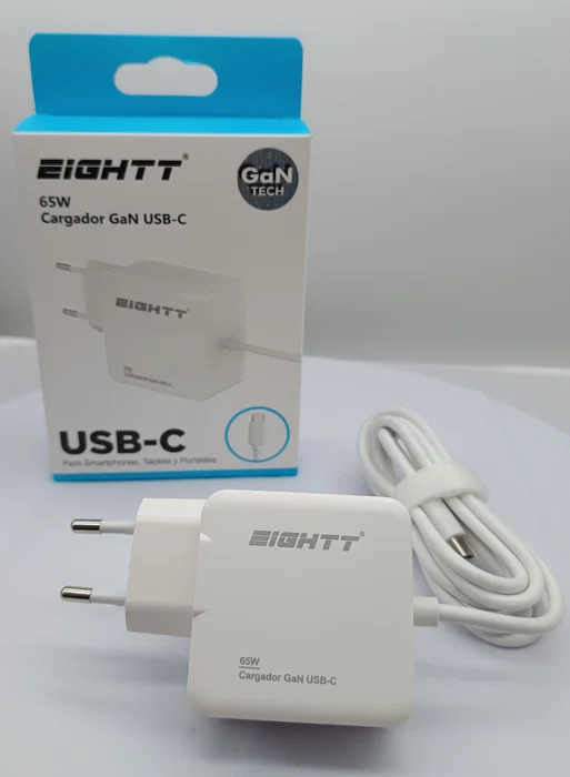 Eightt Cargador Universal Tipo C 65W Fast Charge Gan 5-20V 3.25A para Móvil, Tablet y Portátil