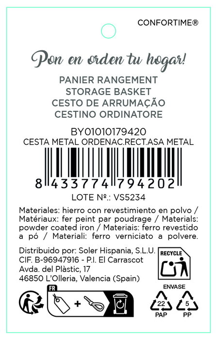 Inde Cesta Organizadora de Metal Rectangular con Asa, Dimensiones: 41 cm largo x 26.9 cm ancho x 18.3 cm alto (6 Unidades)