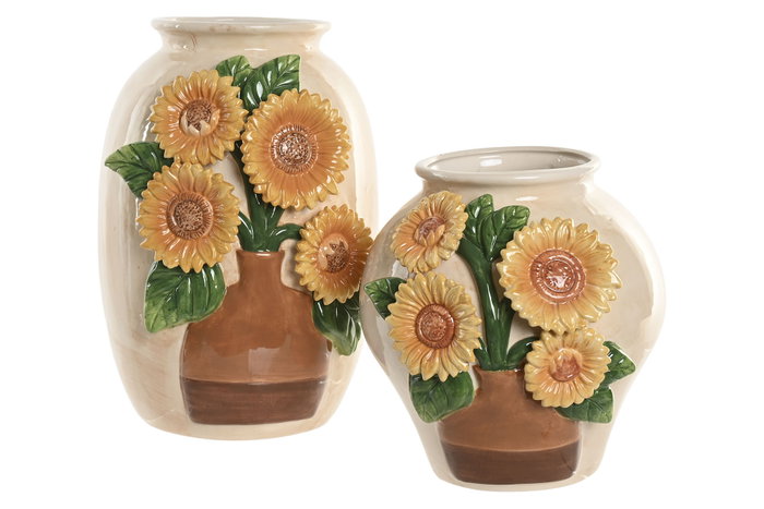 DKD Home Decor Jarrón de Cerámica Girasol Amarillo y Beige