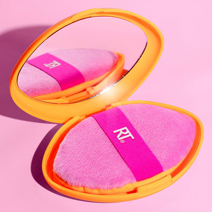 Real Techniques Miracle Esponja de Maquillaje 2 en 1 Powder Puff + Funda de Viaje con Espejo para un Acabado Efecto Filtro (2 u)