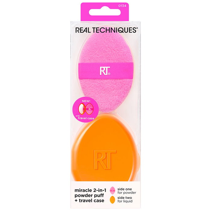 Real Techniques Miracle Esponja de Maquillaje 2 en 1 Powder Puff + Funda de Viaje con Espejo para un Acabado Efecto Filtro (2 u)