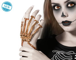 Mano de Esqueleto Metálico en Tono Dorado - Accesorio para Disfraz de Muñeca, Halloween, Catrina o Terror Gótico