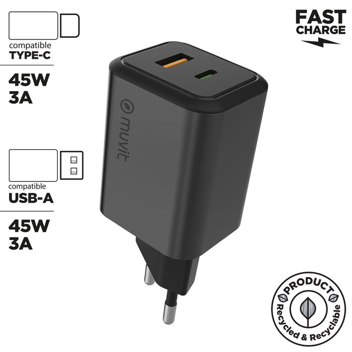 muvit for change cargador de pared USB + Tipo C PD45W aluminio