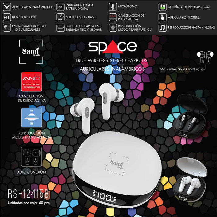 SAMI Auriculares TWS Space ANC con Cancelación de Ruido, Batería 40 mAh, Cargador 280 mAh