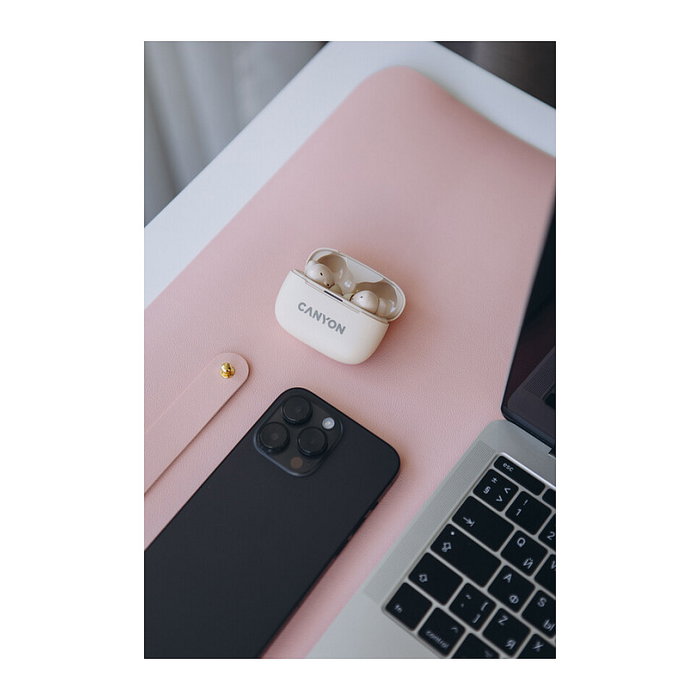 Canyon Auriculares TWS-10 True Wireless Beige, Bluetooth 5.3, Reducción de Ruido Activo, Llamadas, Música, Deporte