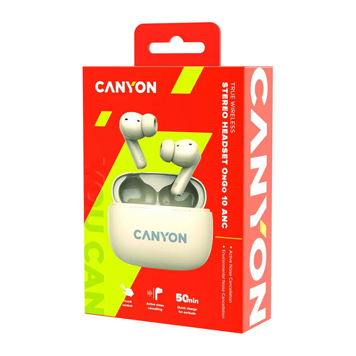 Canyon Auriculares TWS-10 True Wireless Beige, Bluetooth 5.3, Reducción de Ruido Activo, Llamadas, Música, Deporte