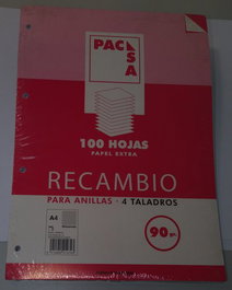 Recambio Pacsa A4 100H 90G 4 Taladros Milimetrado