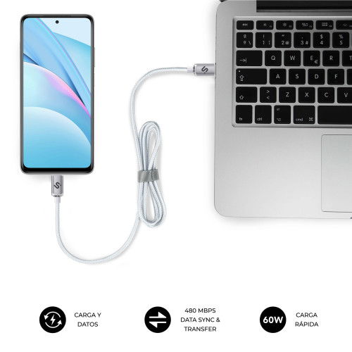 Subblim Cable Optimus USB C a USB C Carga Rápida 60W, 2m, Nylon Trenzado, Blanco