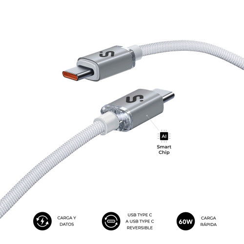 Subblim Cable Optimus USB C a USB C Carga Rápida 60W, 2m, Nylon Trenzado, Blanco