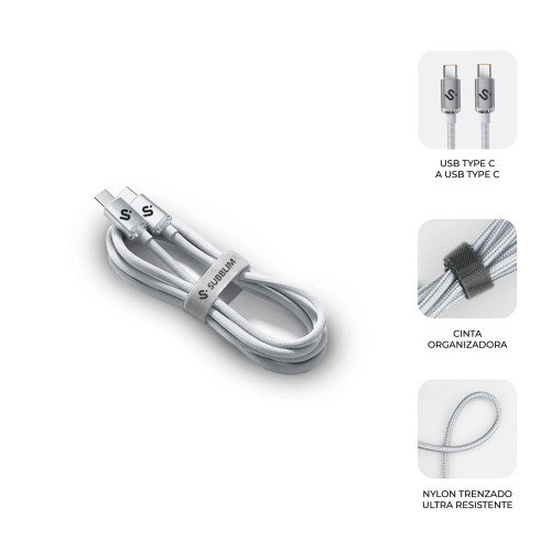 Subblim Cable Optimus USB C a USB C Carga Rápida 60W, 2m, Nylon Trenzado, Blanco