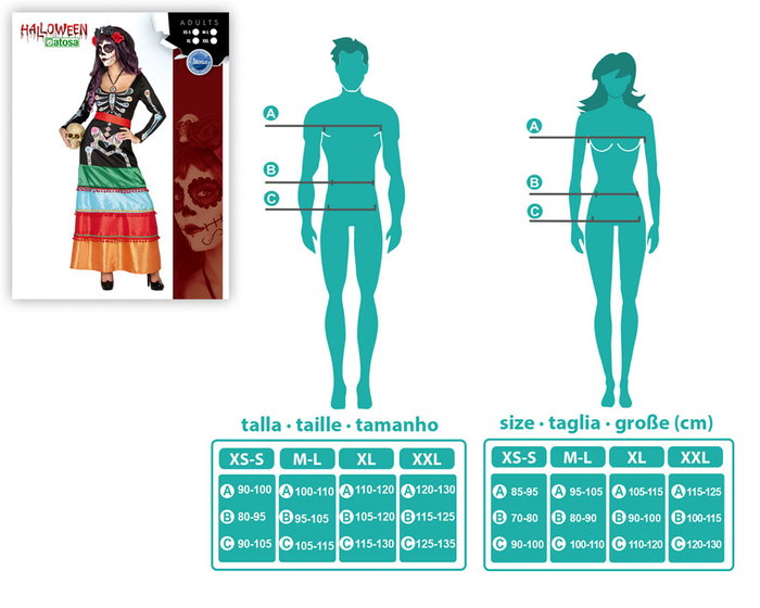 Los Ángeles Disfraz de Halloween Esqueleto Mexicano para Mujer Adulto, Vestido Largo Tallas M-L, Multicolor