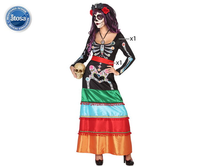 Los Ángeles Disfraz de Halloween Esqueleto Mexicano para Mujer Adulto, Vestido Largo Tallas M-L, Multicolor
