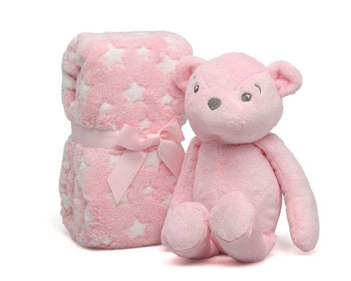 KioKids Oso De Peluche Rosa Con Mantita De Estrellas Para Bebé, 25 cm KioKids Oso De Peluche Rosa Con Mantita De Estrellas Para Bebé, 25 cm