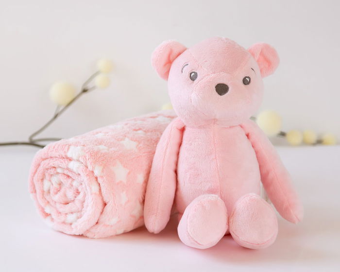 KioKids Oso De Peluche Rosa Con Mantita De Estrellas Para Bebé, 25 cm KioKids Oso De Peluche Rosa Con Mantita De Estrellas Para Bebé, 25 cm