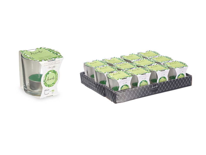 Acorde Portavela Tealight Bambú 6 Horas Vidrio Cera Metal Verde 7x7x7cm (Set de 12)