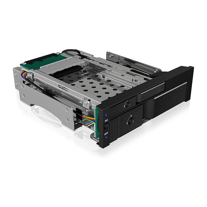 ICY BOX IB-173SSK Wechselrahmen para discos duros, 1x 2.5" + 1x 3.5" SATA/SAS a 2x SATA, bandeja Hot-Swap aluminio para bahía 5.25"