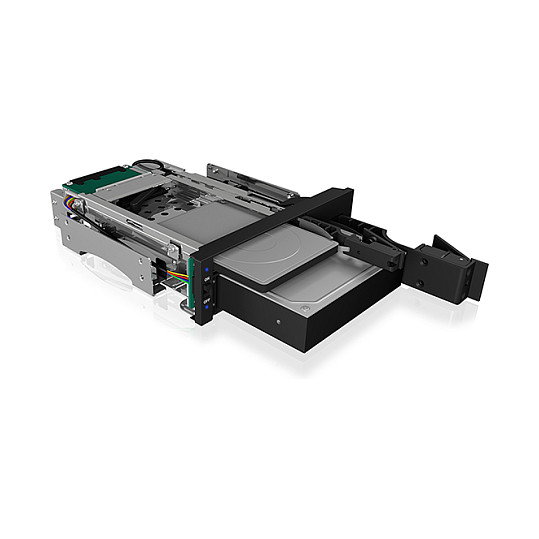 ICY BOX IB-173SSK Wechselrahmen para discos duros, 1x 2.5" + 1x 3.5" SATA/SAS a 2x SATA, bandeja Hot-Swap aluminio para bahía 5.25"