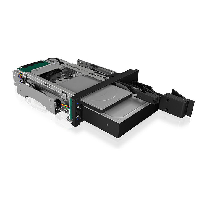 ICY BOX IB-173SSK Wechselrahmen para discos duros, 1x 2.5" + 1x 3.5" SATA/SAS a 2x SATA, bandeja Hot-Swap aluminio para bahía 5.25"
