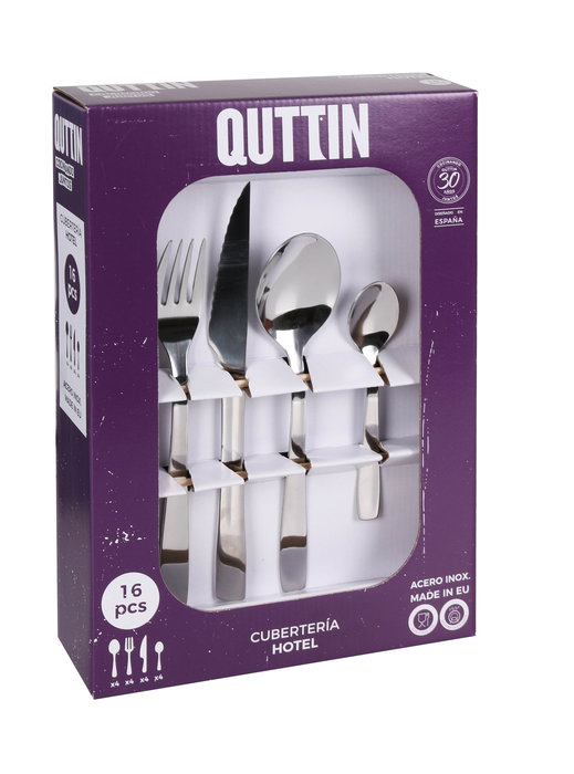 Quttin Cubertería de acero inoxidable 16 piezas modelo Hotel, juego de cubiertos con 4 tenedores, 4 cuchillos, 4 cucharas de mesa y 4 cucharas soperas, 6.78 kg (8 Unidades)