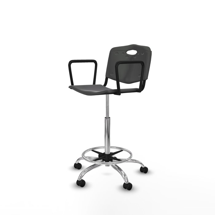 Taburete Robledo con mecanismo Giratorio de PVC color Gris oscuro. Equipado con Base cromada, Brazos fijos y Ruedas autofrenantes