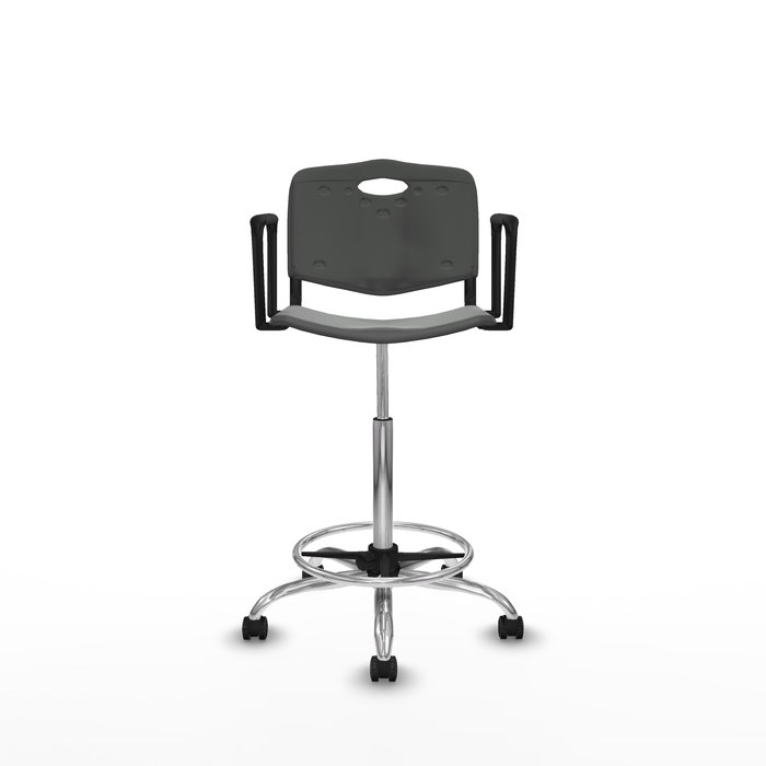 Taburete Robledo con mecanismo Giratorio de PVC color Gris oscuro. Equipado con Base cromada, Brazos fijos y Ruedas autofrenantes