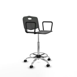 Taburete Robledo con mecanismo Giratorio de PVC color Gris oscuro. Equipado con Base cromada, Brazos fijos y Ruedas autofrenantes