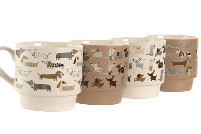 DKD Home Decor Mug Marron Blanco 300ml Porcelana Perros 8.5x8.2x12cm (12 Unidades)