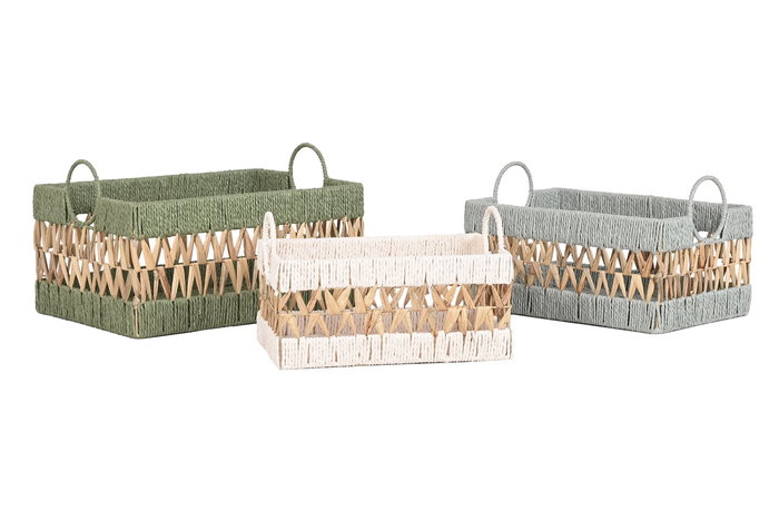 DKD Home Decor Cesta Tropical Verde Blanco 30x26x43 cm Set de 3 Piezas Fibra