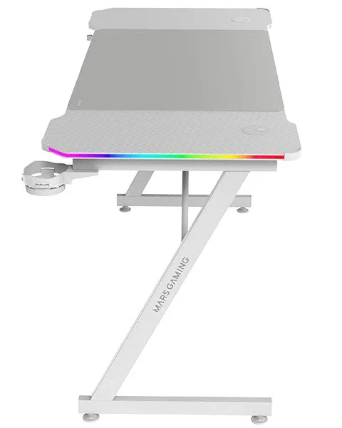 Mars Gaming MGD-X140RGB Mesa Gaming RGB con Mando, 140x60 cm, Fibra de Carbono, Blanca, Incluye Alfombrilla XXL, Soporte Auriculares/Bebidas y Gestión de Cables