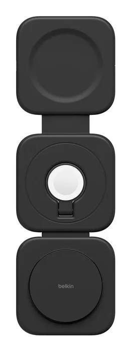 Belkin BoostCharge Pro Cargador Inalámbrico 15W Qi2 con MagSafe - Base de Carga Rápida para 3 Dispositivos (Smartphone, Auriculares, Reloj) Negro, Cable USB-C 1.5m