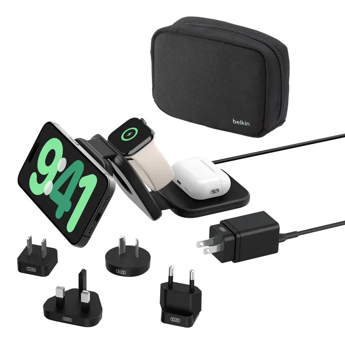 Belkin BoostCharge Pro Cargador Inalámbrico 15W Qi2 con MagSafe - Base de Carga Rápida para 3 Dispositivos (Smartphone, Auriculares, Reloj) Negro, Cable USB-C 1.5m
