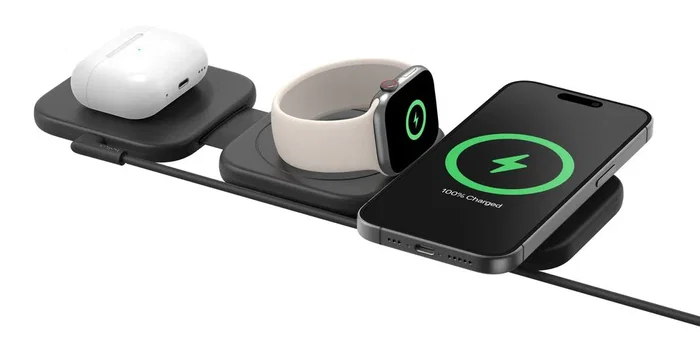 Belkin BoostCharge Pro Cargador Inalámbrico 15W Qi2 con MagSafe - Base de Carga Rápida para 3 Dispositivos (Smartphone, Auriculares, Reloj) Negro, Cable USB-C 1.5m