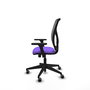 Silla de oficina Motilla con mecanismo Sincro tapizada con Tela color Lila y malla color Gris. Equipada con lumbar 1D, Brazos 3D y Ruedas 65 mm parqué