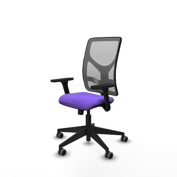 Silla de oficina Motilla con mecanismo Sincro tapizada con Tela color Lila y malla color Gris. Equipada con lumbar 1D, Brazos 3D y Ruedas 65 mm parqué