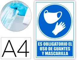 Archivo 2000 Señal Obligatorio Uso Guantes y Mascarilla PVC Azul 210x297 mm