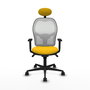Silla de oficina Jorquera con mecanismo Sincro tapizada con Tela color Amarillo y malla color Blanco. Equipada con lumbar 1D, Brazos 1D, Cabecero Fijo y Ruedas 65mm nailon