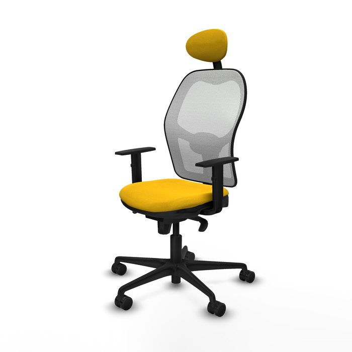 Silla de oficina Jorquera con mecanismo Sincro tapizada con Tela color Amarillo y malla color Blanco. Equipada con lumbar 1D, Brazos 1D, Cabecero Fijo y Ruedas 65mm nailon Silla de oficina Jorquera con mecanismo Sincro tapizada con Tela color Amarillo y malla color Blanco. Equipada con lumbar 1D, Brazos 1D, Cabecero Fijo y Ruedas 65mm nailon