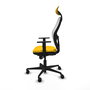 Silla de oficina Jorquera con mecanismo Sincro tapizada con Tela color Amarillo y malla color Blanco. Equipada con lumbar 1D, Brazos 1D, Cabecero Fijo y Ruedas 65mm nailon