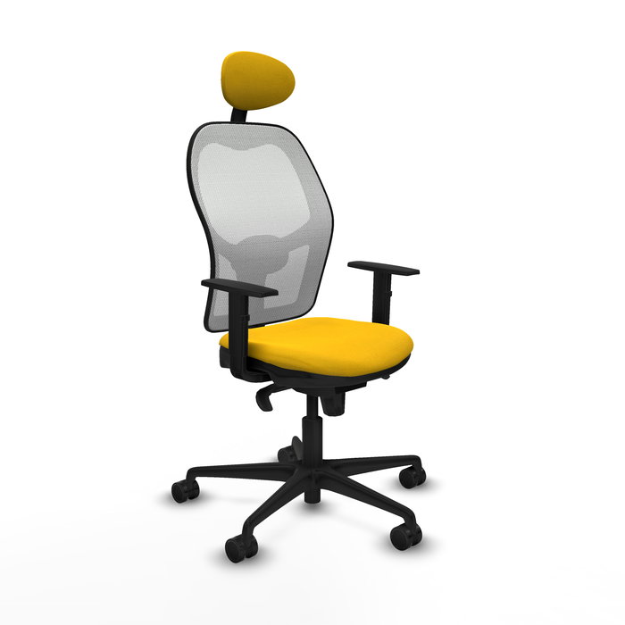 Silla de oficina Jorquera con mecanismo Sincro tapizada con Tela color Amarillo y malla color Blanco. Equipada con lumbar 1D, Brazos 1D, Cabecero Fijo y Ruedas 65mm nailon Silla de oficina Jorquera con mecanismo Sincro tapizada con Tela color Amarillo y malla color Blanco. Equipada con lumbar 1D, Brazos 1D, Cabecero Fijo y Ruedas 65mm nailon