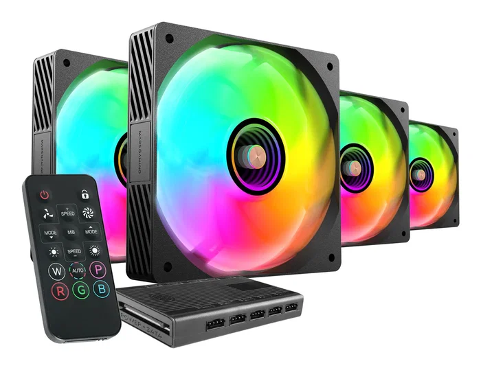 Mars Gaming Kit 4 Ventiladores PC ARGB MF-SI4KIT Infinity Mirror, 4x 120mm Ultrasilenciosos con Hub de Control para 10 Ventiladores y Mando a Distancia, Negro