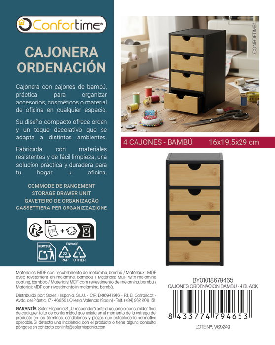 Confortime Cajones de Ordenación de Bambú Black, 6 unidades