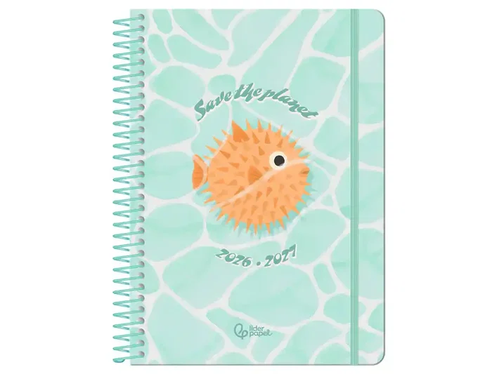 Liderpapel Agenda Escolar 2026-2027 Fantasy C, A5 Día Página, Espiral, Tapa Dura, Interior Bilingüe, Papel FSC 80g, Azul Save Planet, con Gomilla y Pegatinas