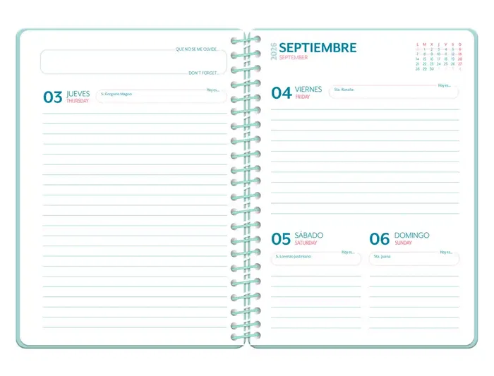 Liderpapel Agenda Escolar 2026-2027 Fantasy C, A5 Día Página, Espiral, Tapa Dura, Interior Bilingüe, Papel FSC 80g, Azul Save Planet, con Gomilla y Pegatinas