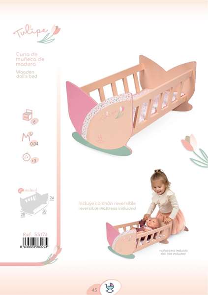 Decuevas Cuna de Madera Tulipe 49.50x28x24 cm para niños, Madera, Metal, Poliéster